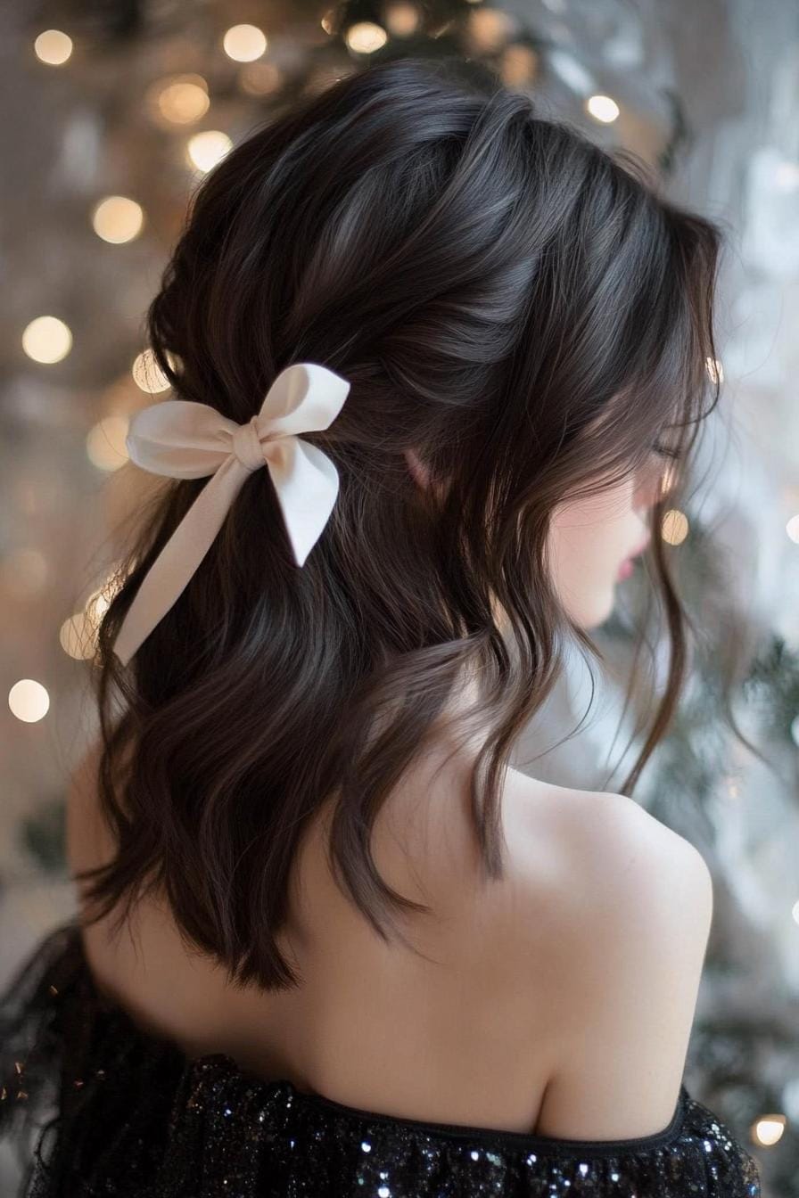 Short wavy hair with a white bow accessory