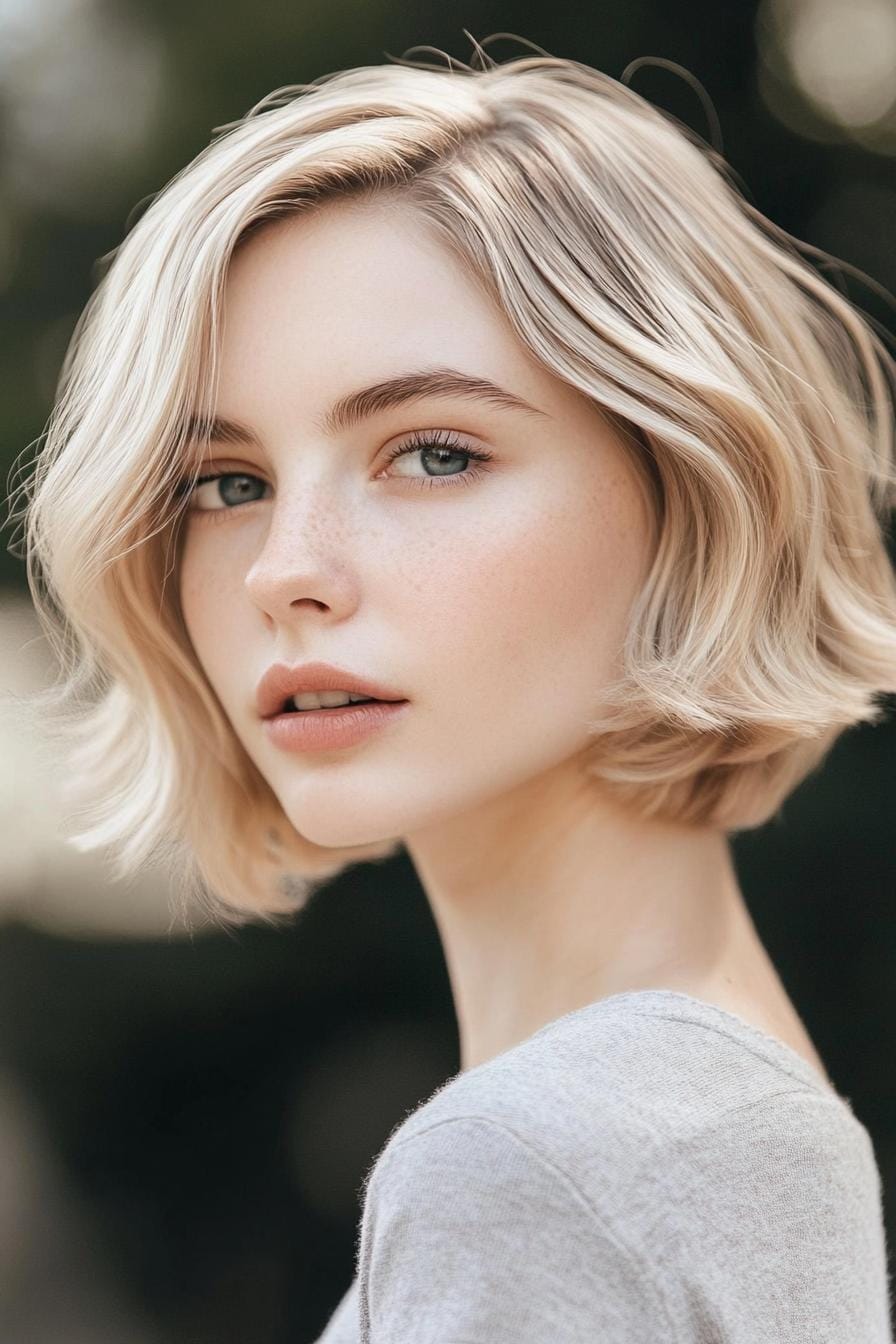 Short blonde bob hairstyle with soft waves