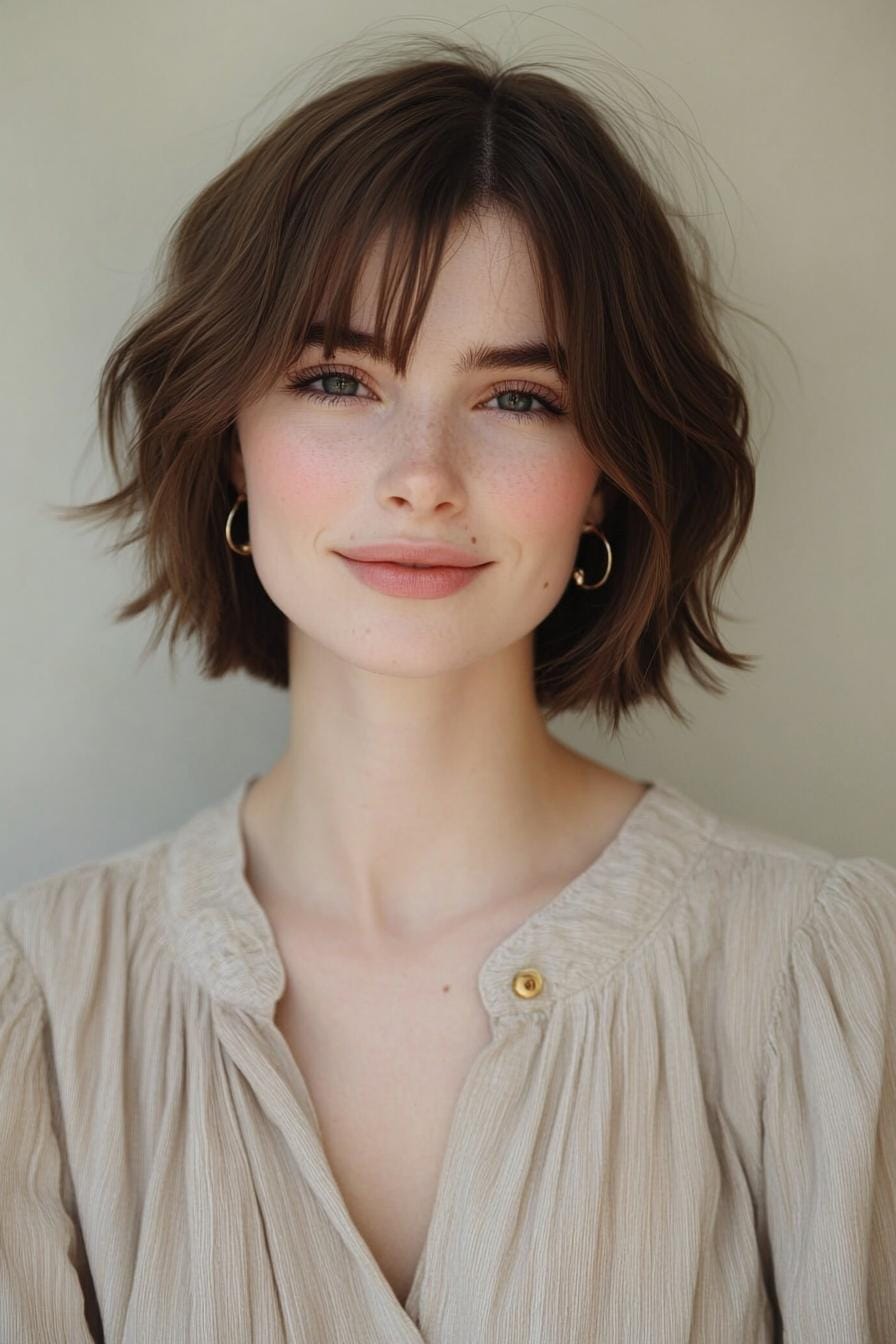 photo of a young womans hairstyle that is a short voluminous bob with a middle part and soft wispy layers giving the hair a natural bounce and 2