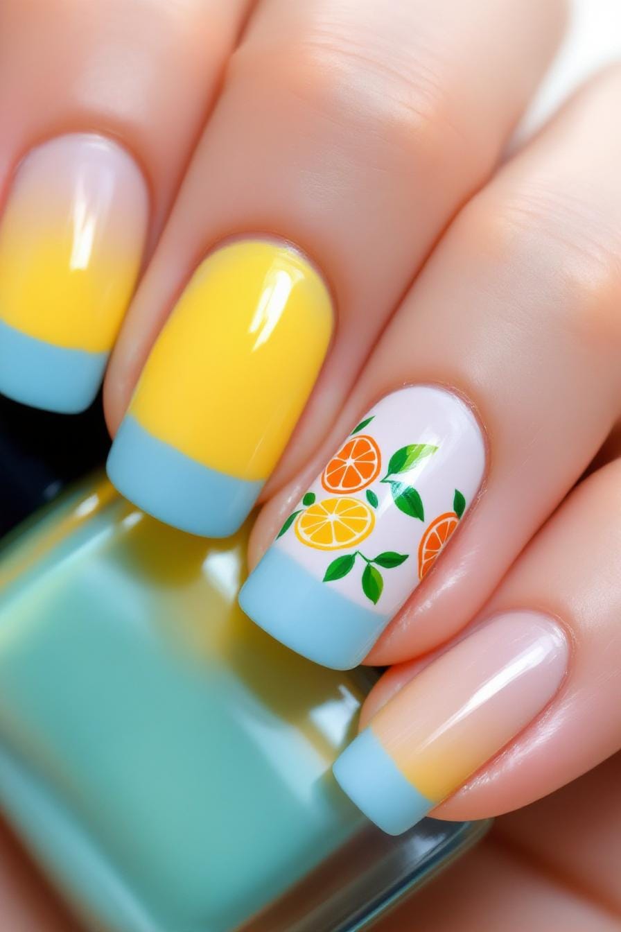 Yellow and blue tipped nails with citrus fruit accents