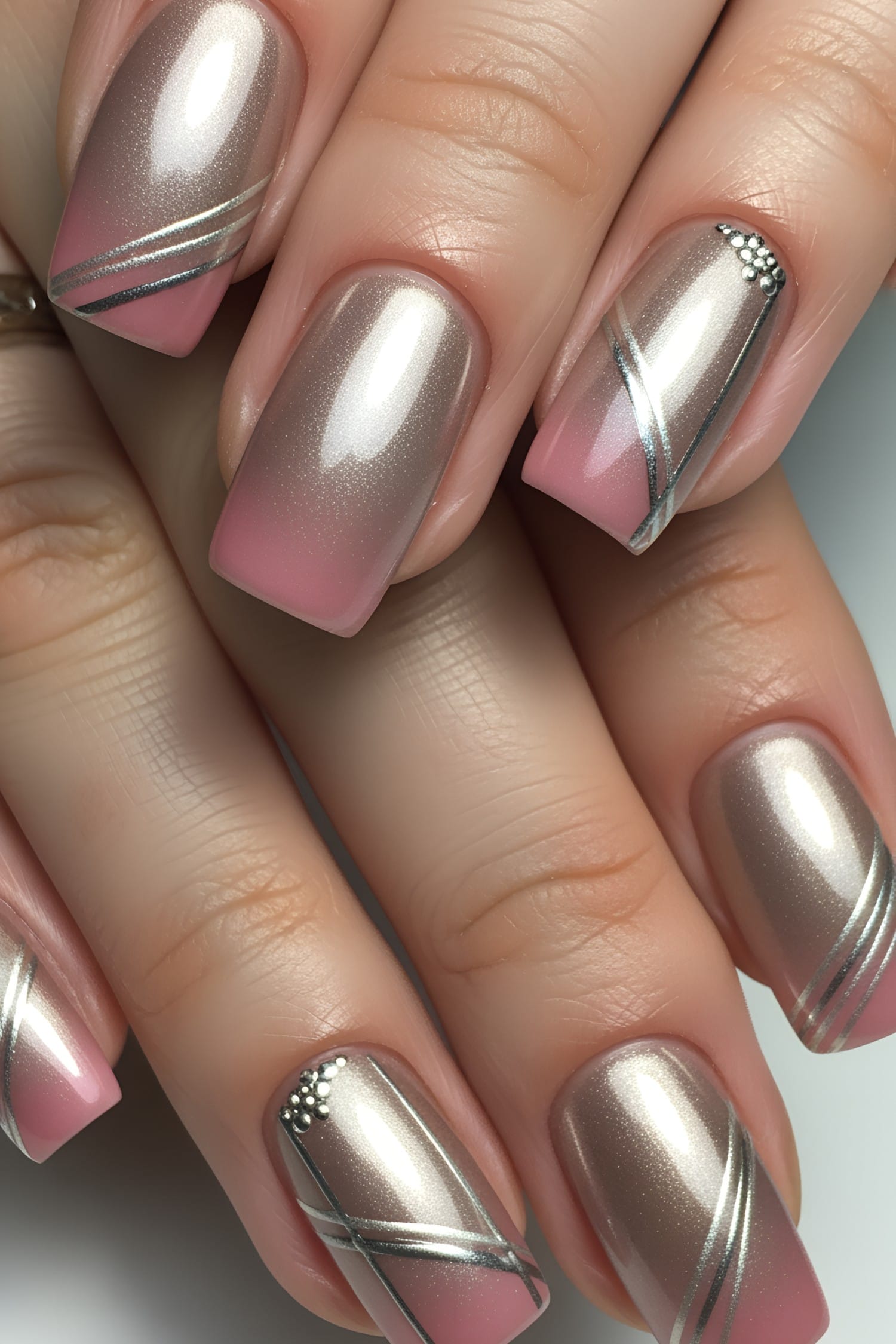 Chrome ombre nails with pink tips, silver stripes, and small rhinestones