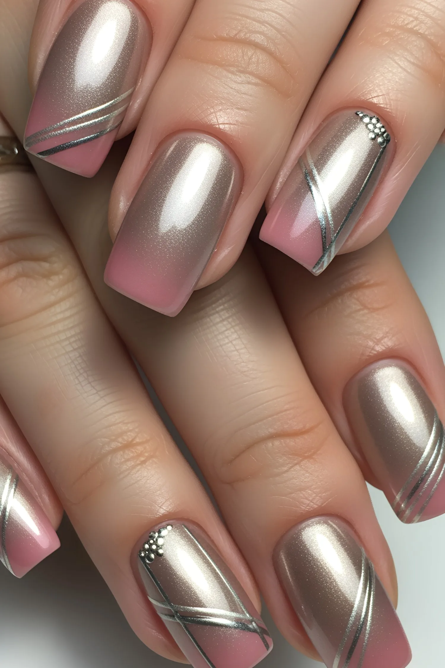 Chrome ombre nails with pink tips, silver stripes, and small rhinestones