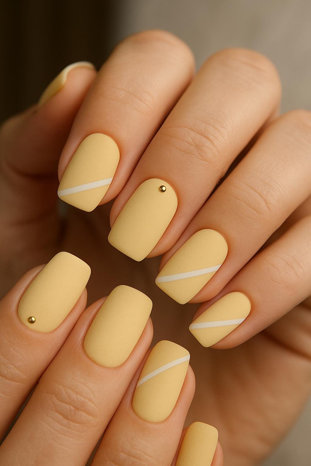 Matte yellow nails with diagonal white stripes and tiny gold studs