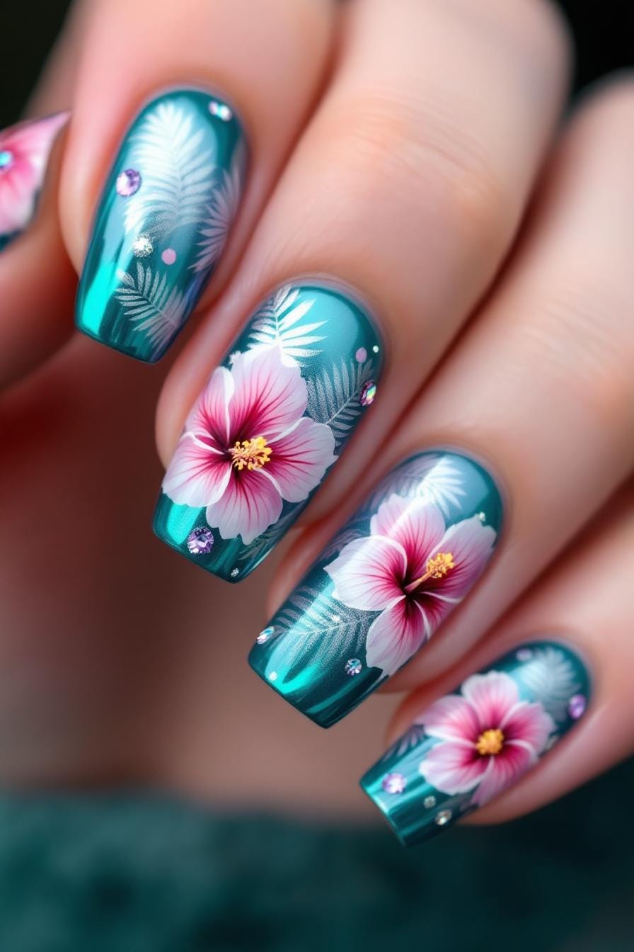Teal nails with pink hibiscus flower art