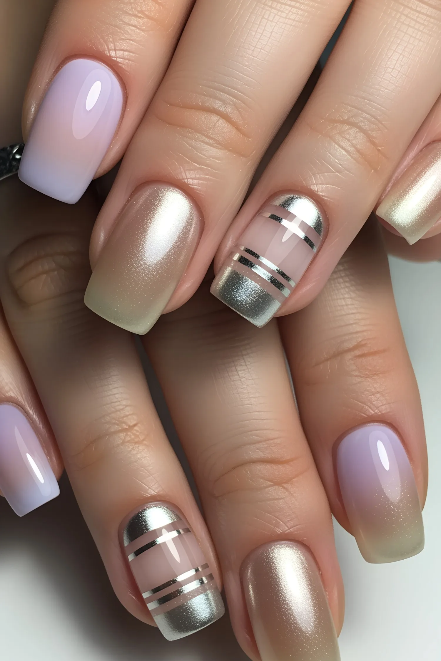Lavender ombre and chrome nail design with silver stripes