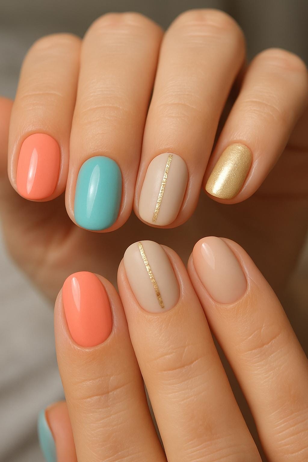 Colorful almond nails with pastel orange, turquoise, nude, and gold accents