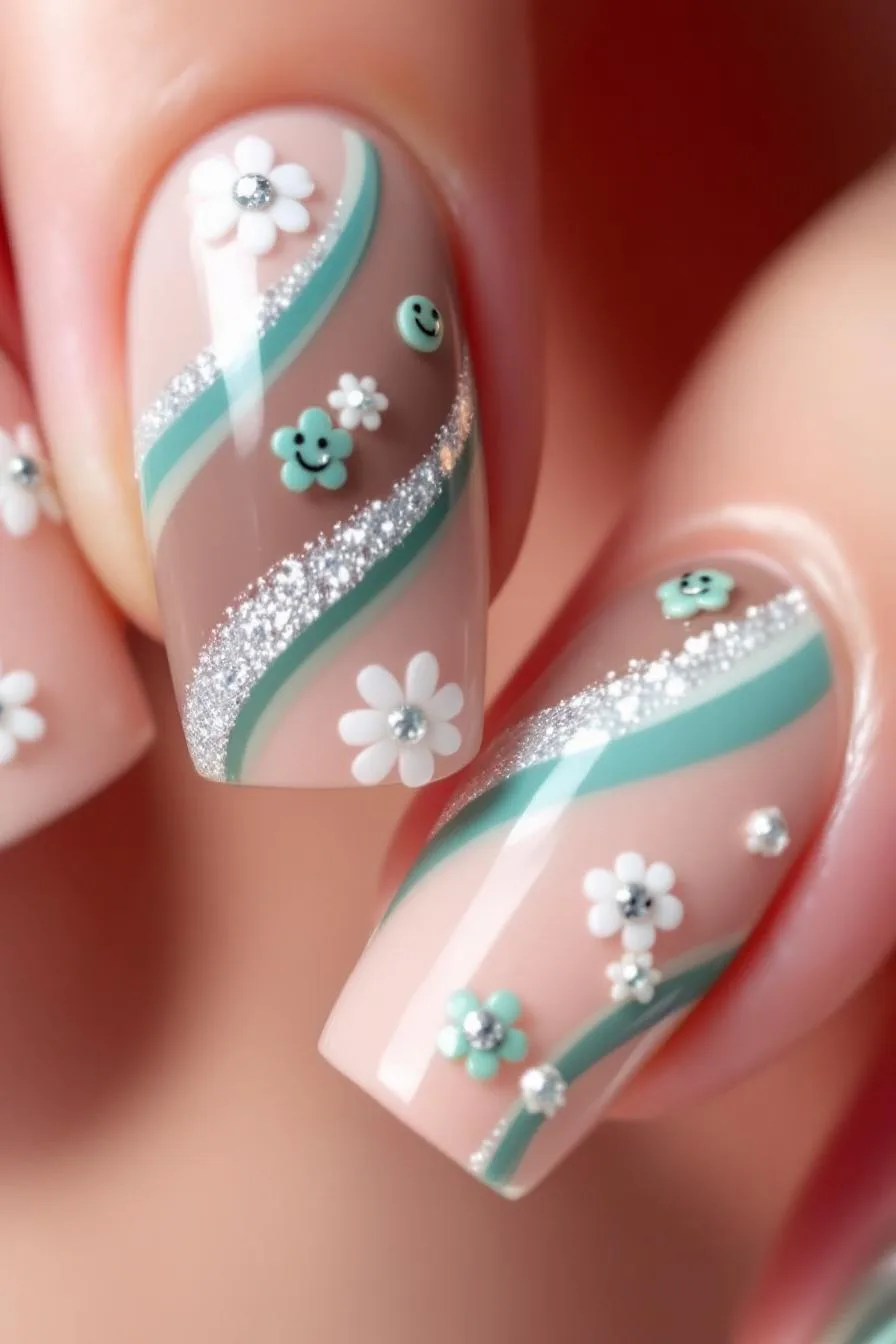 Pastel green flowers and white daisies with silver glitter waves