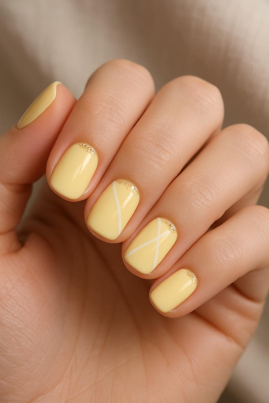 Pastel yellow nails with subtle white lines and tiny gold accents