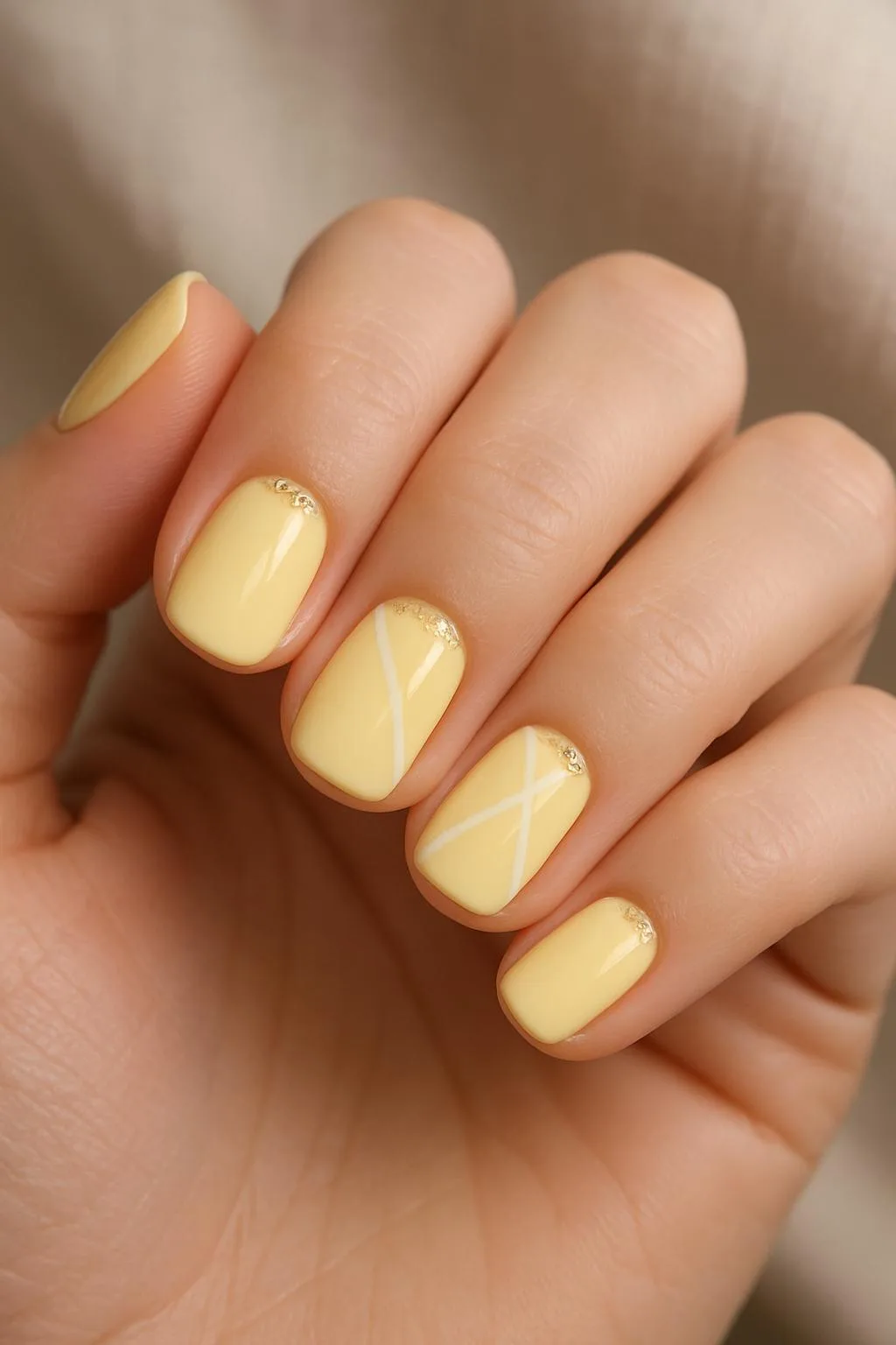 Pastel yellow nails with subtle white lines and tiny gold accents