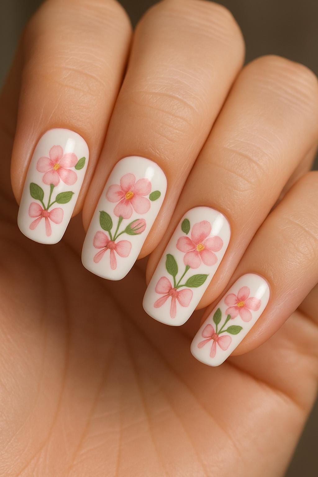 Light pink floral nail art with bows on white base