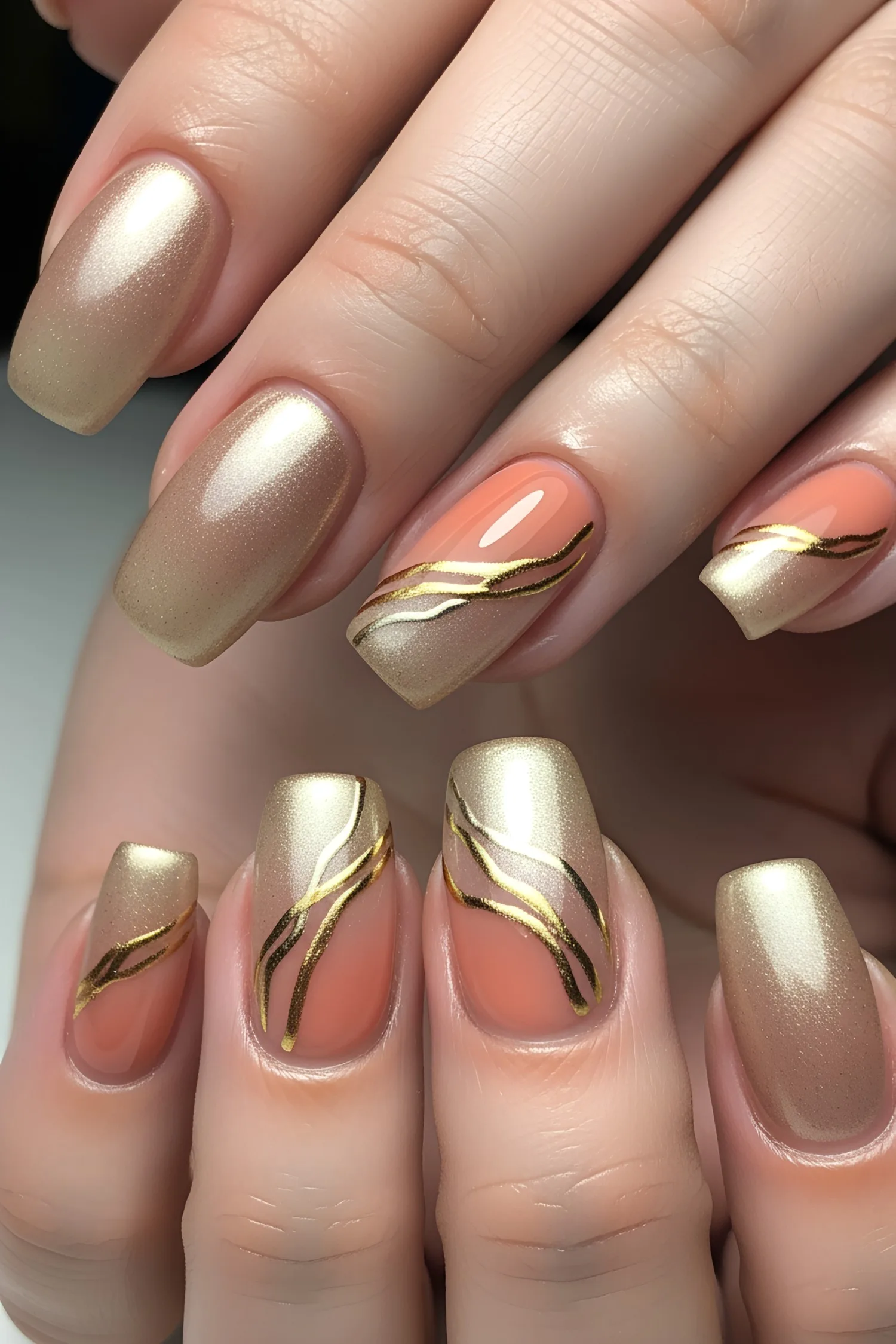 Gold chrome and peach nail design with metallic wavy lines