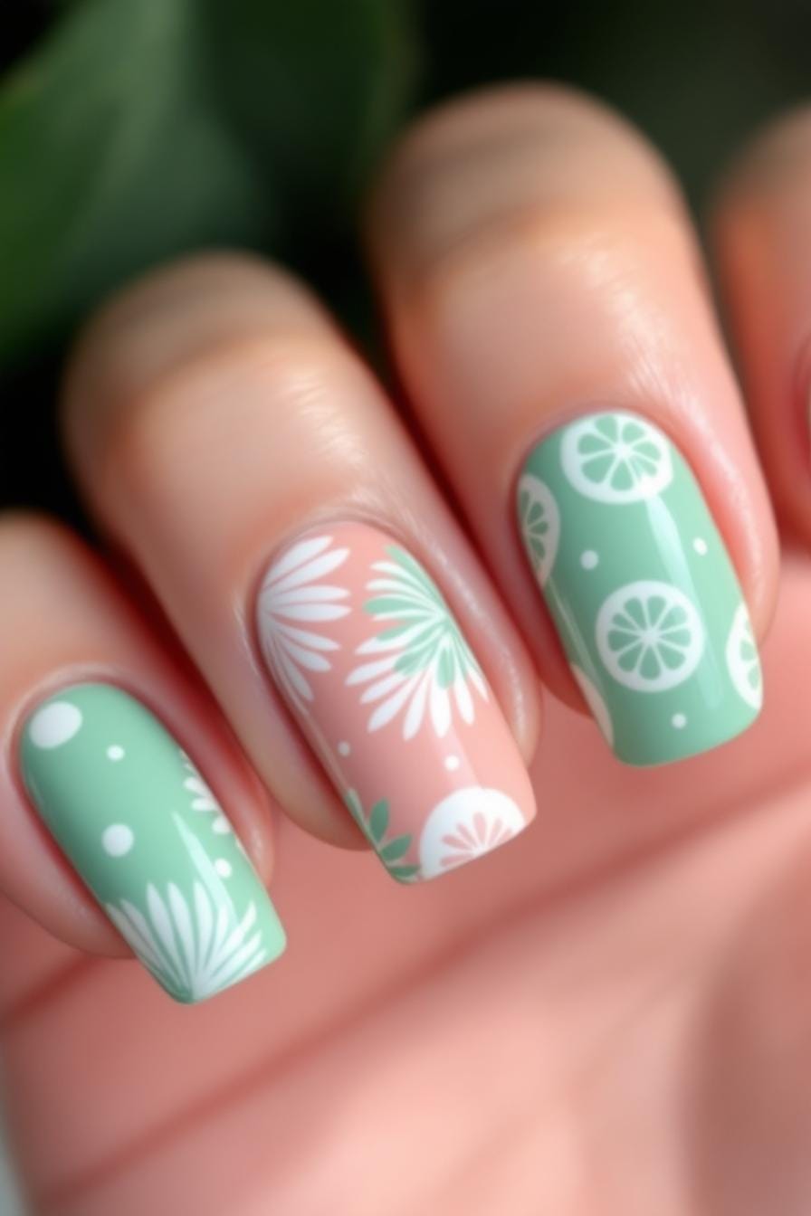 Mint and peach floral summer nail art