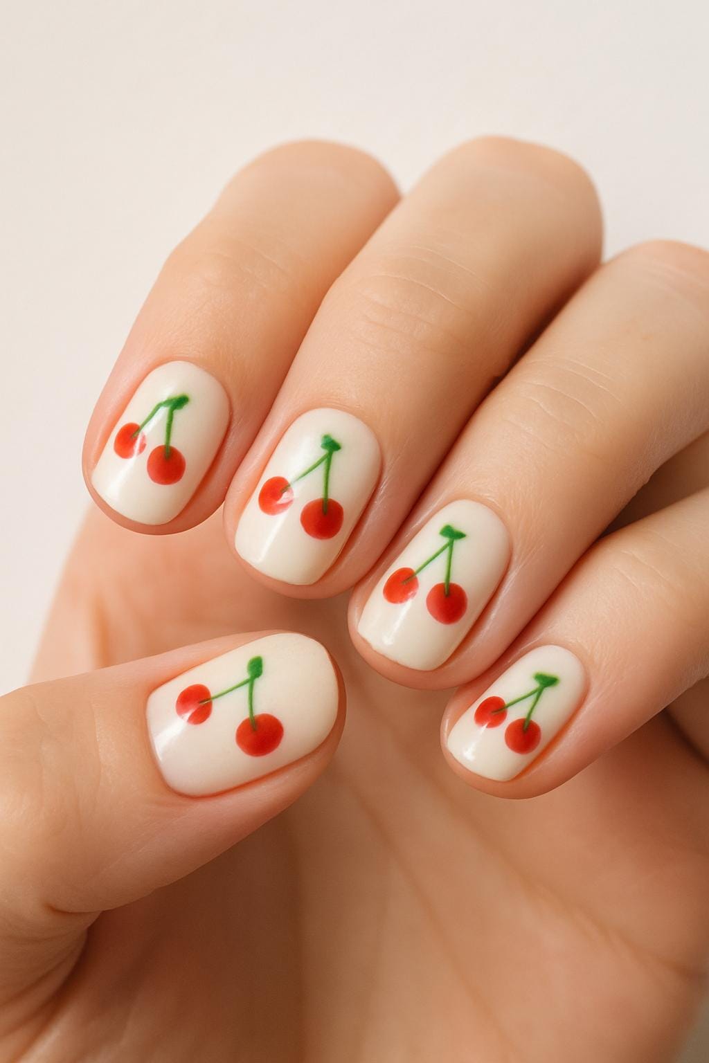 Up close woman nails with white background small red cherries green stems