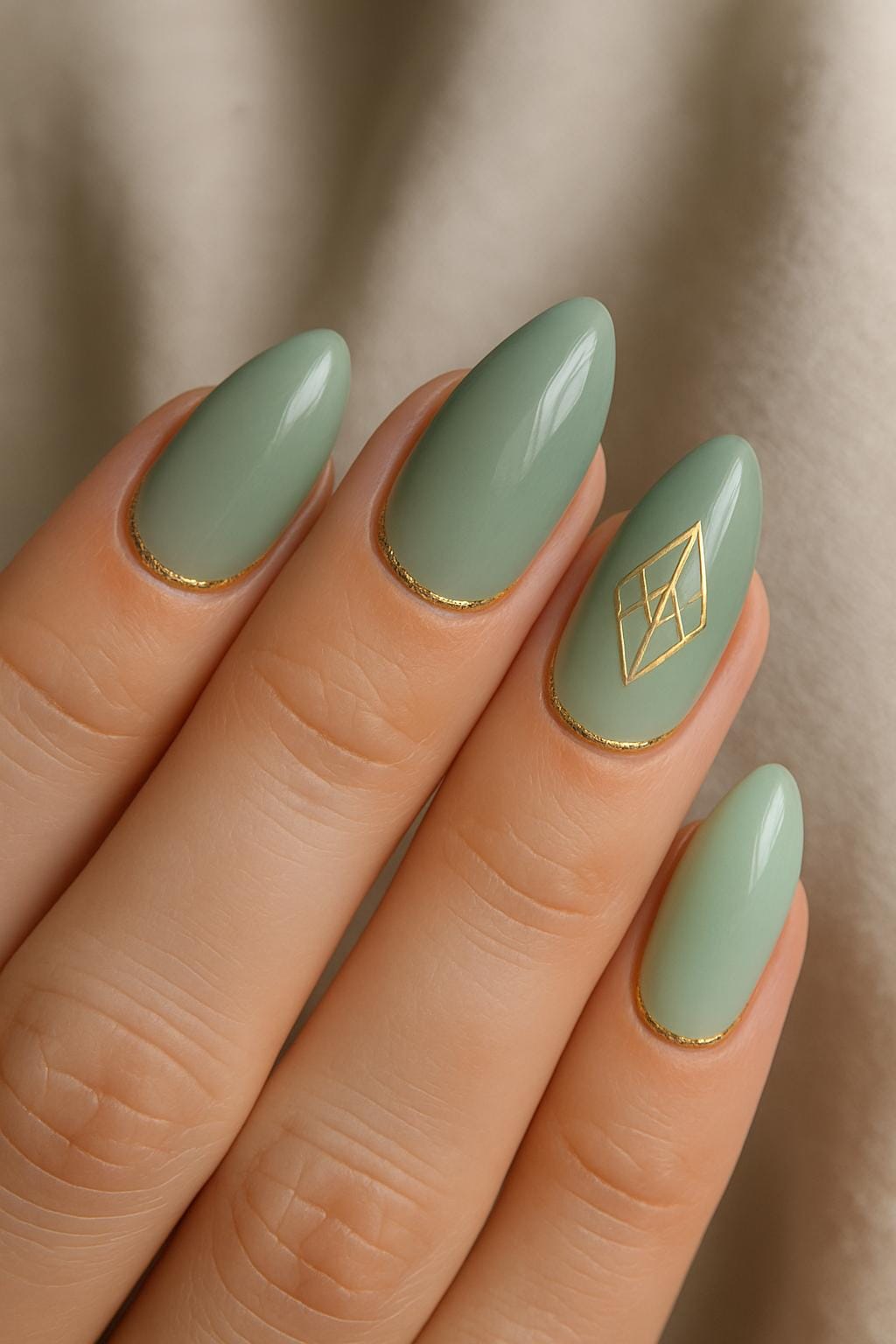 Soft green almond nails with gold cuticle details