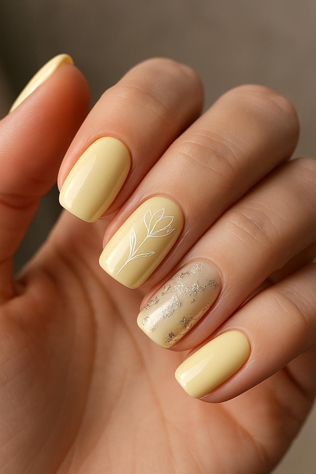 Butter yellow nails with floral accent and gold shimmer