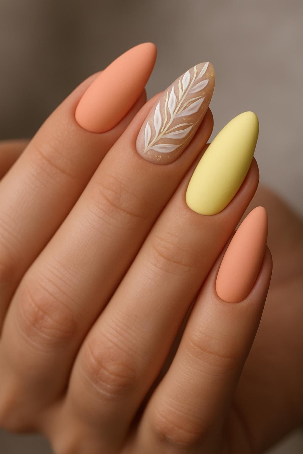 Almond-shaped nails painted in peach, yellow, and a leafy accent