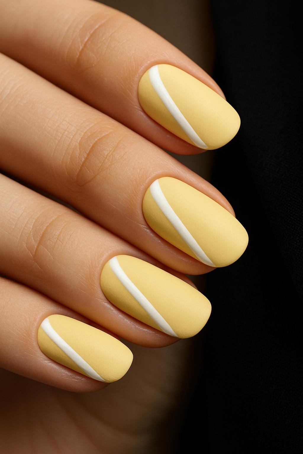 Matte yellow nails with white diagonal lines