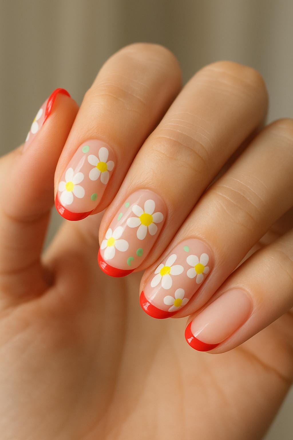Red French tips with white daisies on nude nails