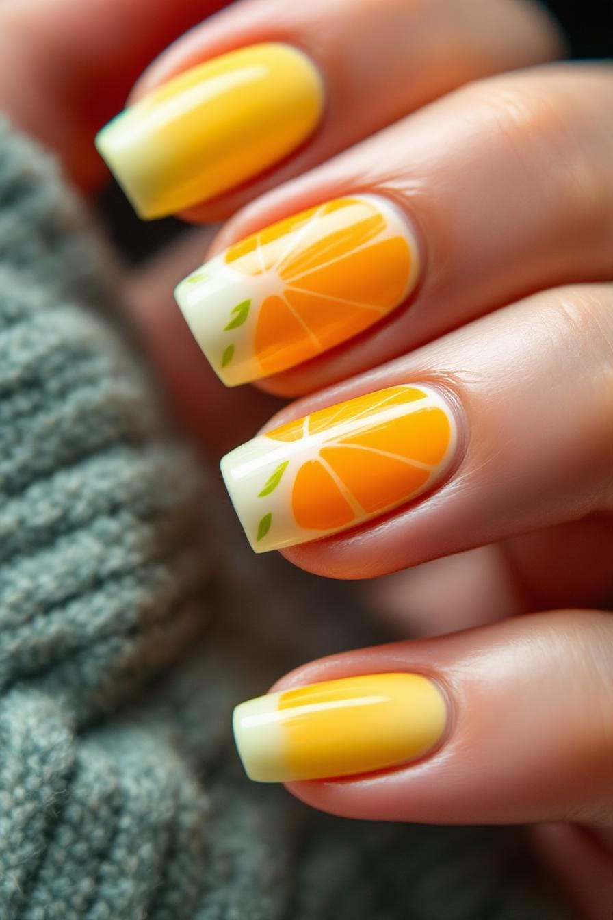 Bright yellow nails with orange slice art