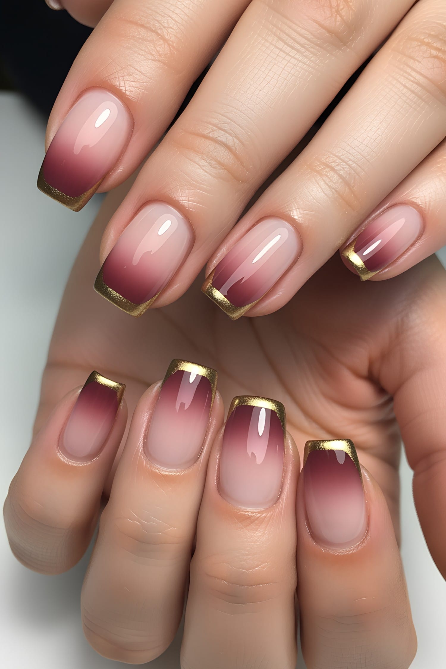 Square nails with pink ombré and gold chrome tips