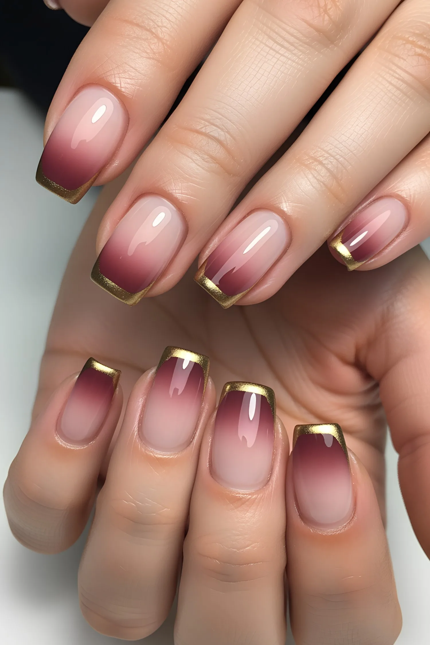 Square nails with pink ombré and gold chrome tips