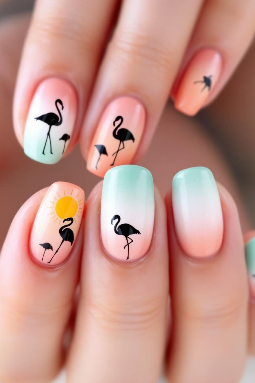 Flamingo nail art with mint and peach ombre background