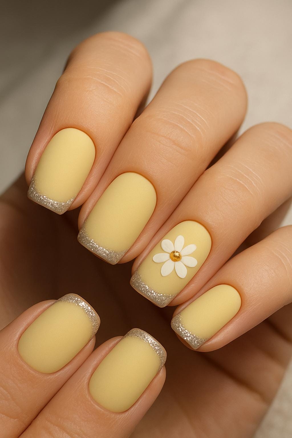Up close woman nails with butter yellow matte base fine silver glitter at the tips and a single delicate white daisy accent with a gold center on