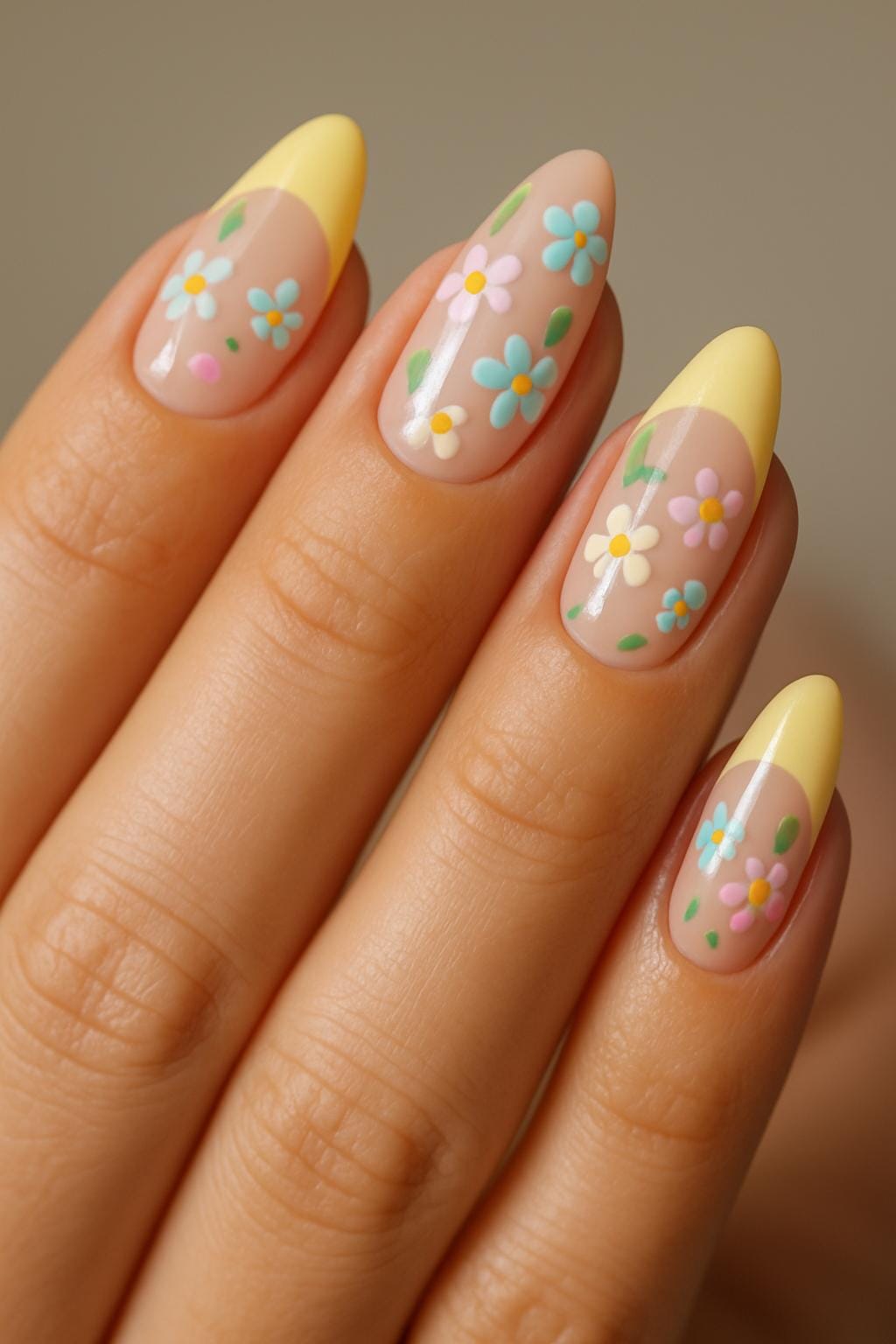 Yellow French tips with colorful floral accents on nude nails