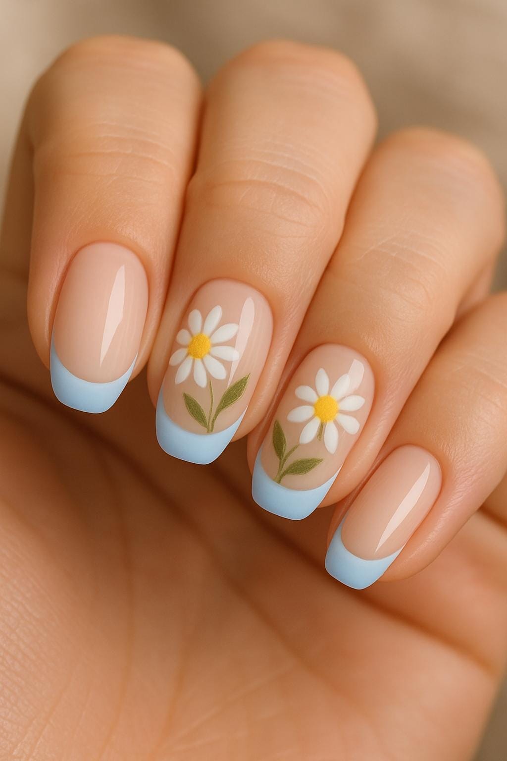 Almond nails with pastel blue French tips and playful daisy flower designs