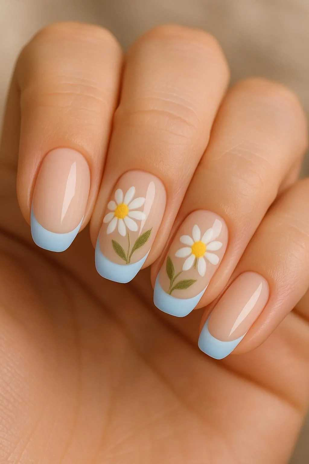 Almond nails with pastel blue French tips and playful daisy flower designs