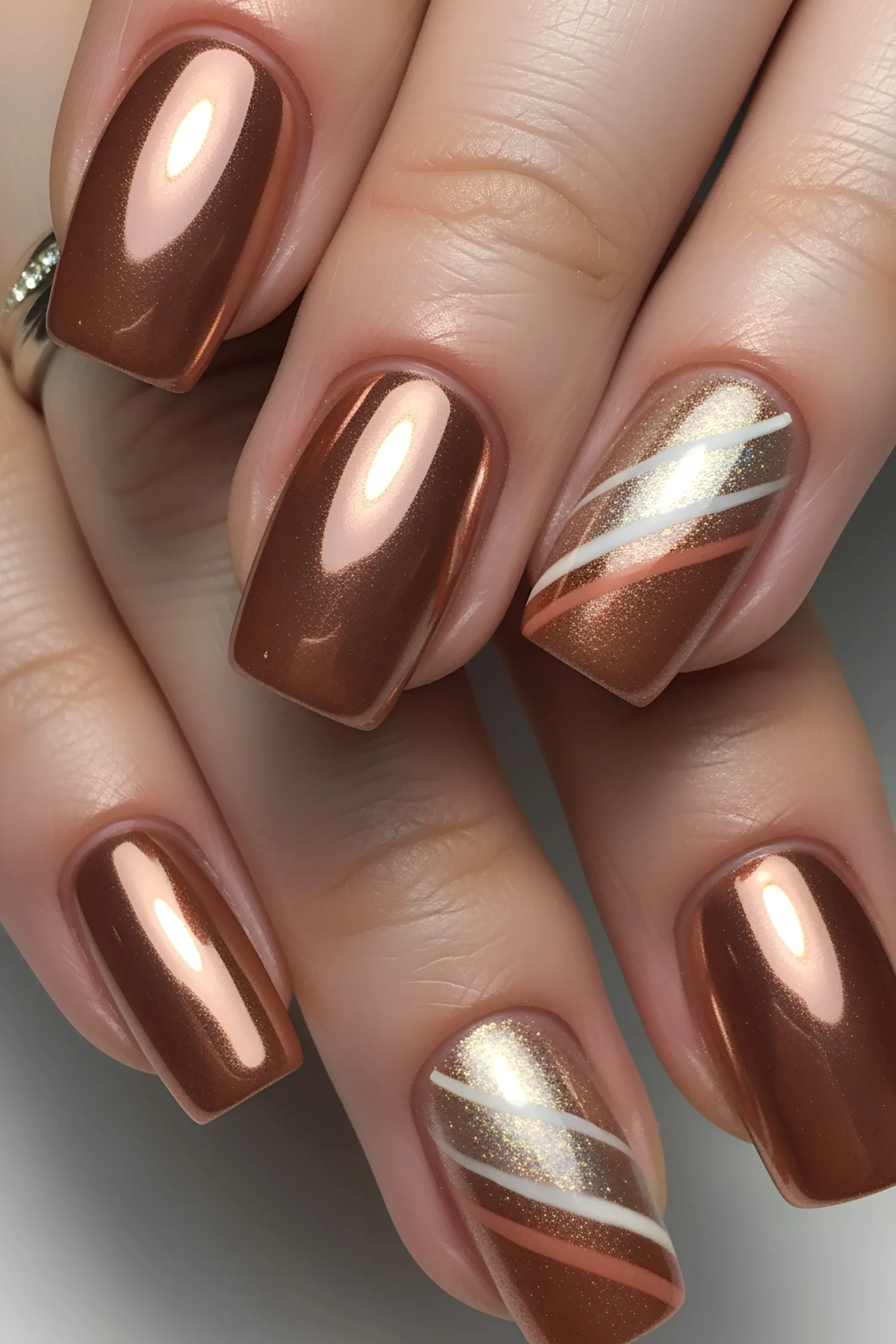 Glossy copper chrome nails with shimmery accent stripes
