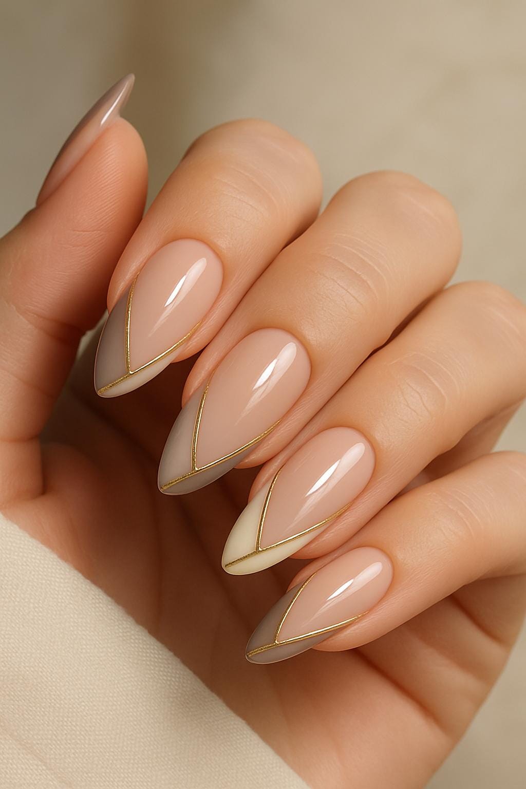 Almond-shaped nails with nude base, ivory tips, and gold lines