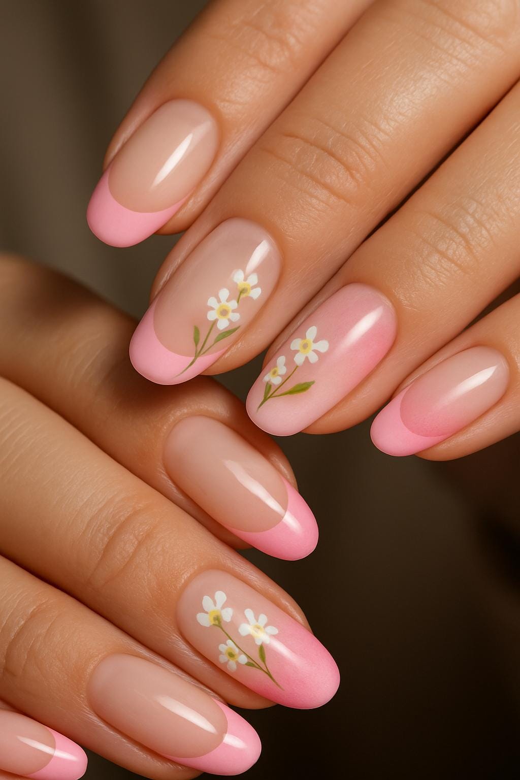 Almond nails with pastel pink tips and white daisy accents