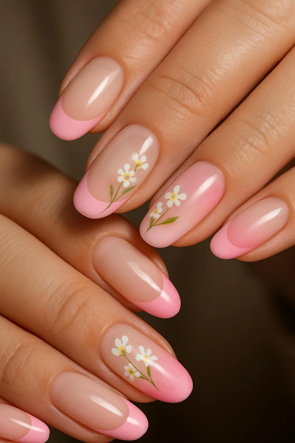 Almond nails with pastel pink tips and white daisy accents