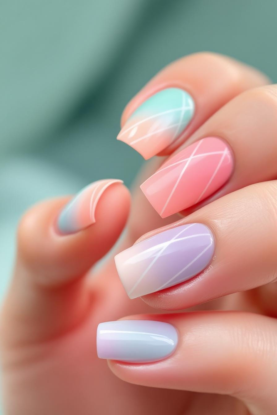 Colorful pastel nails with soft gradients and white crisscross lines