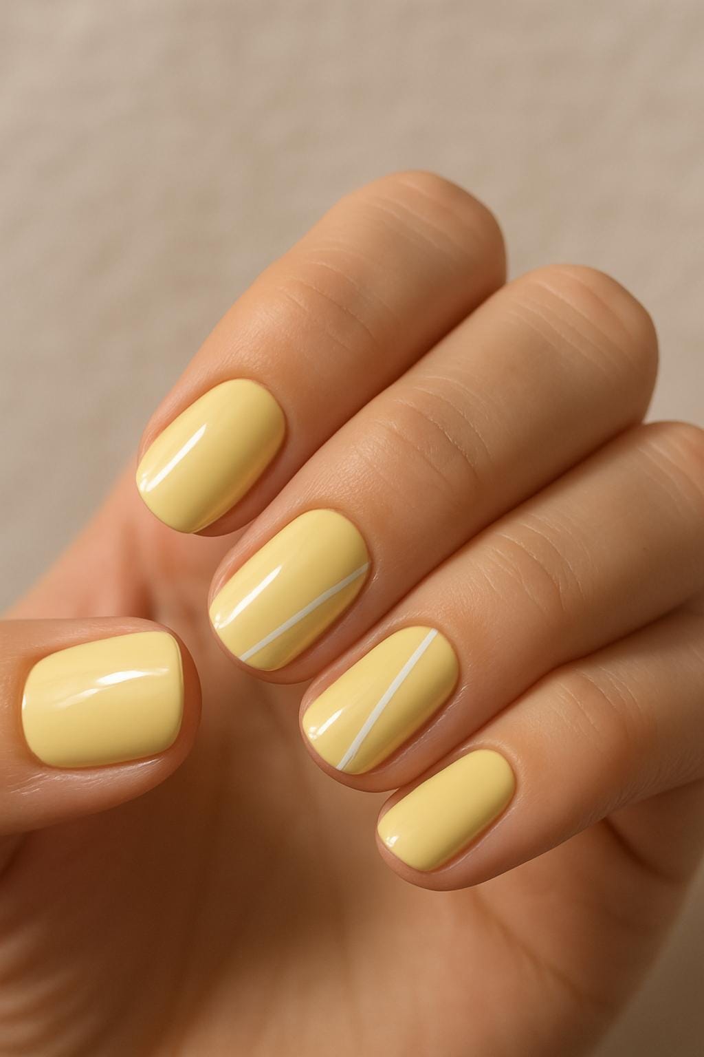 Short butter yellow manicure with glossy finish and two accent nails featuring thin diagonal white lines