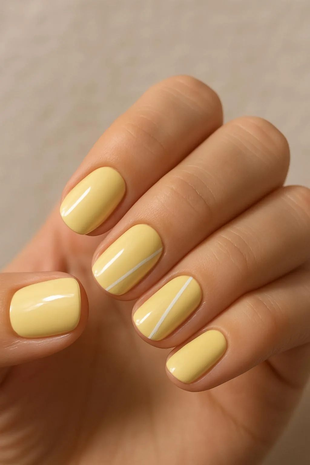 Short butter yellow manicure with glossy finish and two accent nails featuring thin diagonal white lines