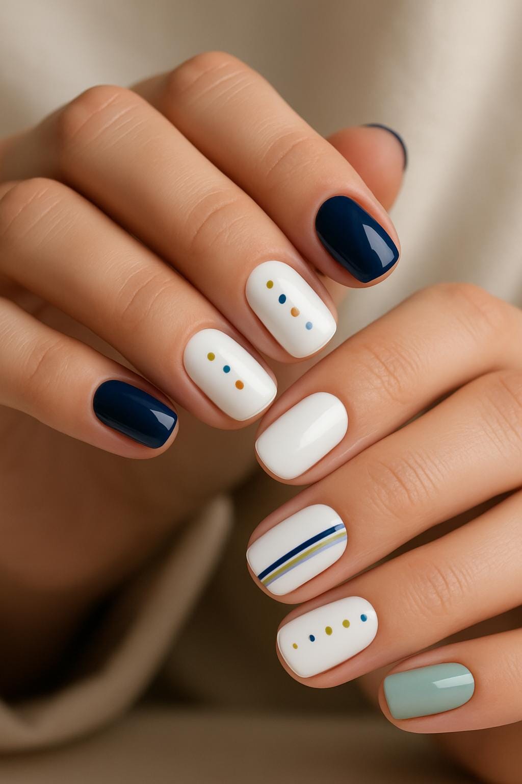 White nails with colorful dots and stripes beside navy and mint accent nails