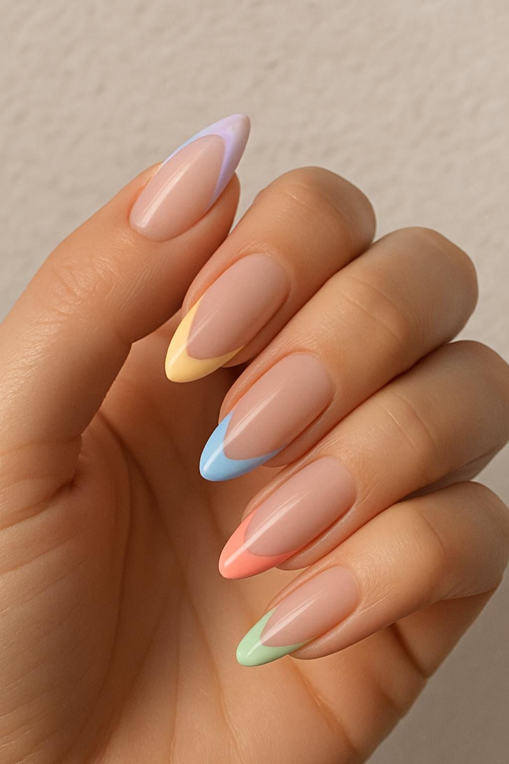 Almond nails with colorful pastel French tips