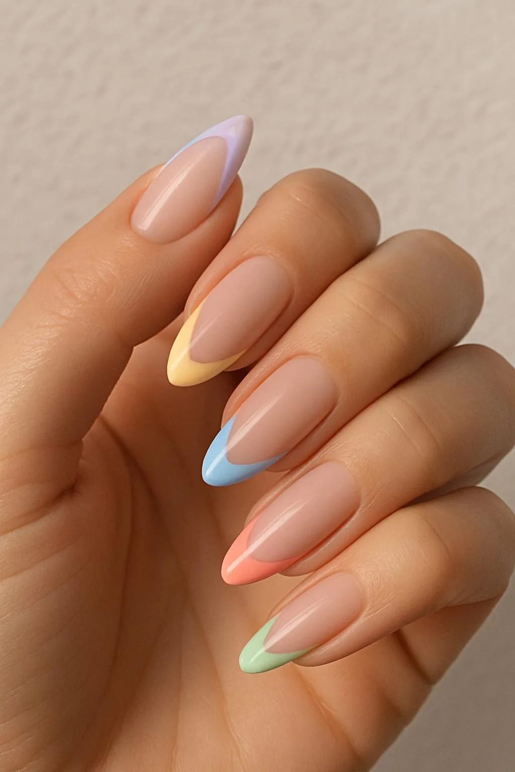 Almond nails with colorful pastel French tips