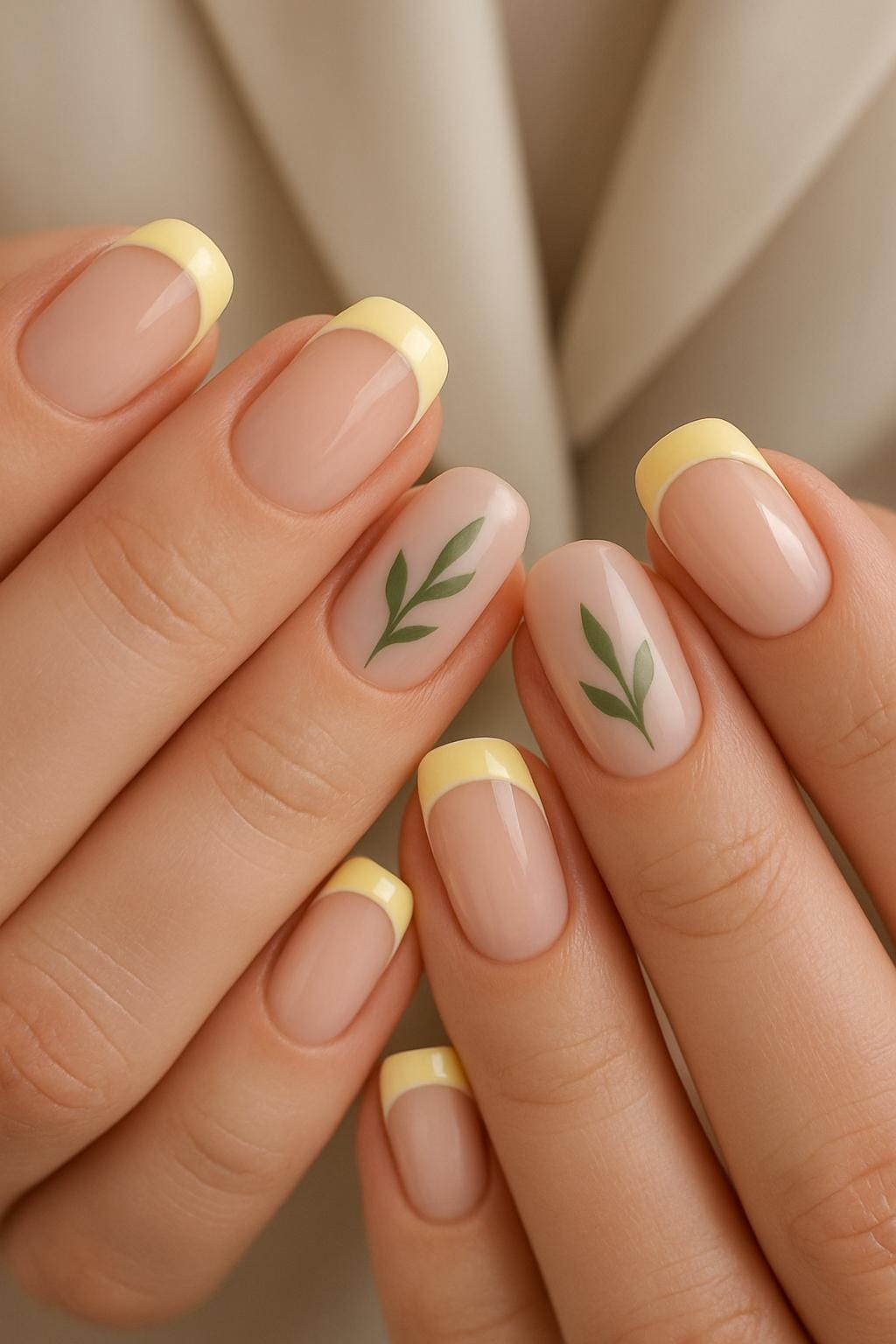 Buttery yellow French manicure with leafy green accents