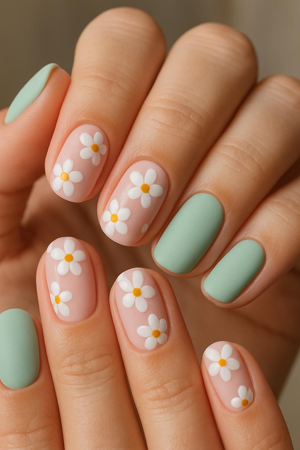 Mint green nails accented with white daisy floral art