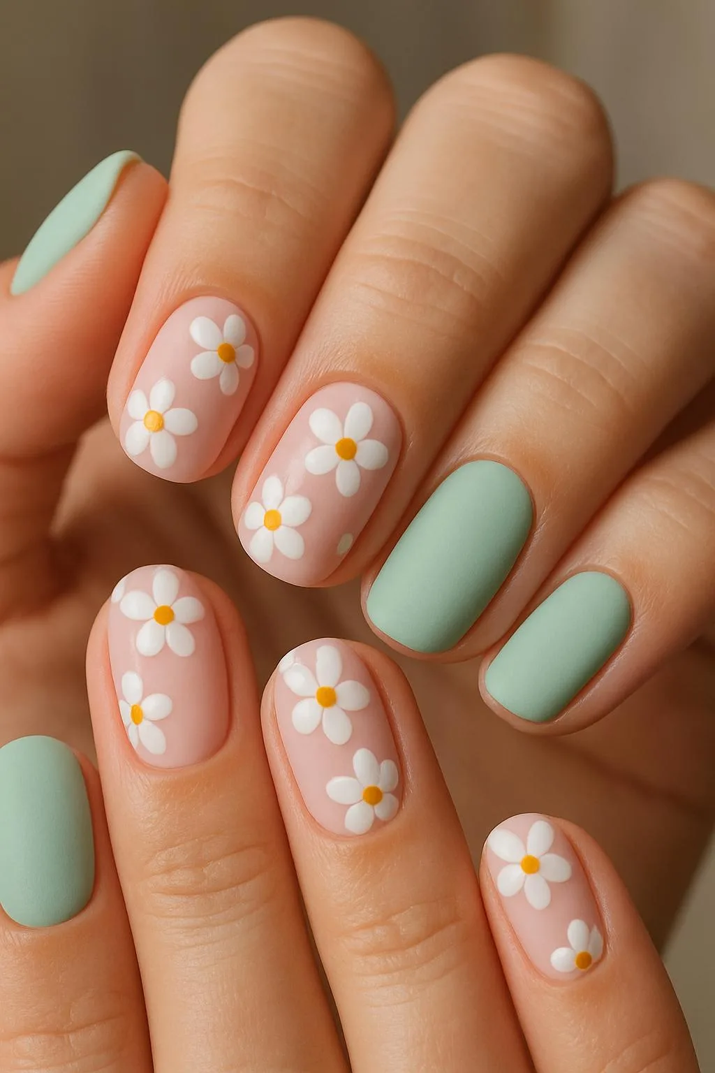 Mint green nails accented with white daisy floral art