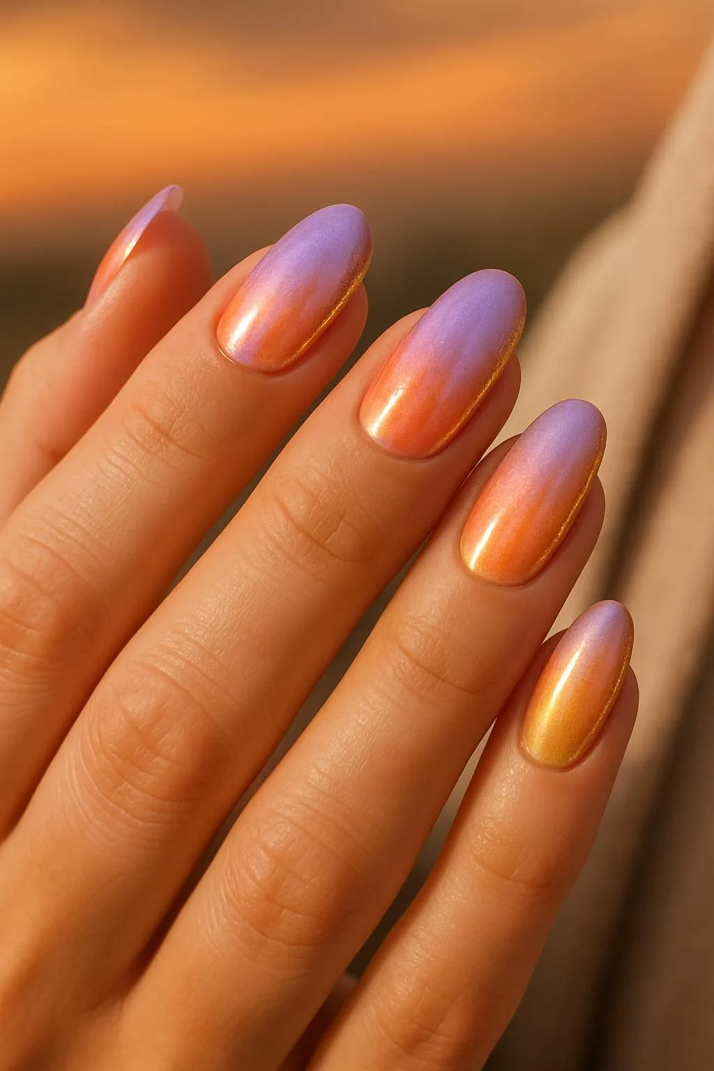 Purple and orange chrome ombre manicure