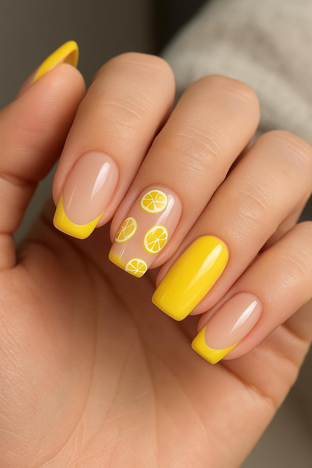 Bright yellow tips and lemon slices design on nude nails