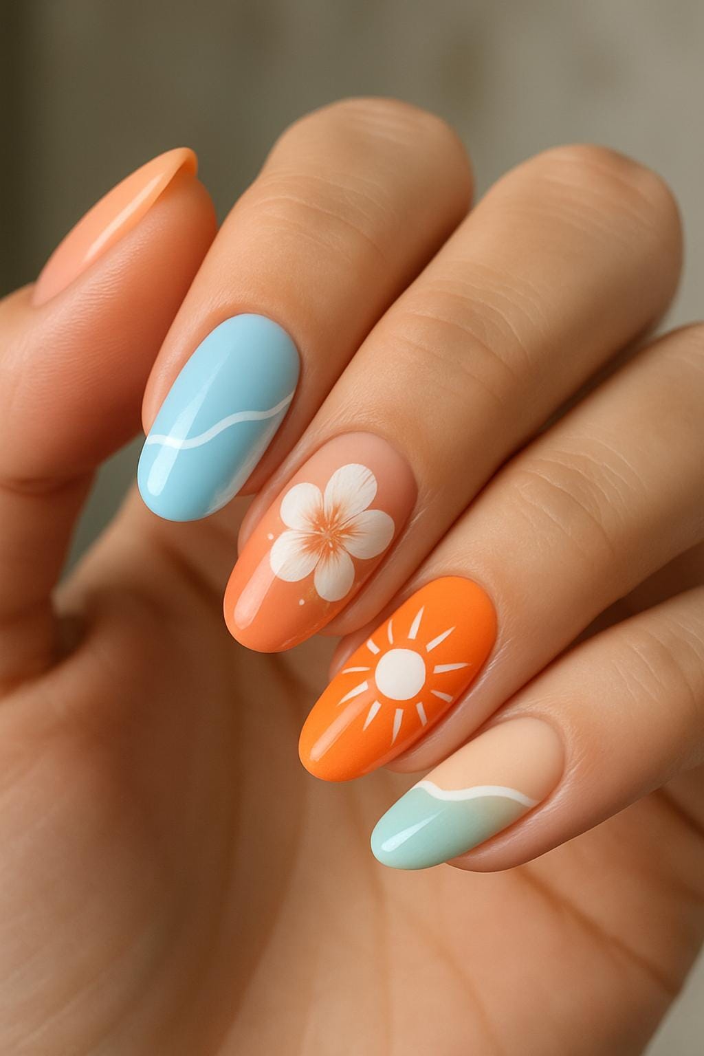 Orange and blue summer nails with daisy and sun designs