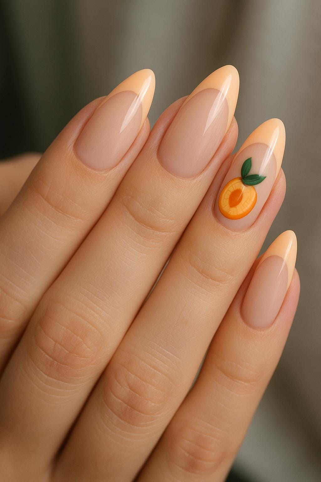 Almond nails with pale peach French tips and a cute peach fruit accent