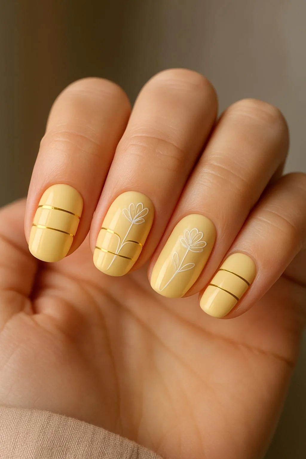 Butter yellow nails with gold stripes and white flower sketches