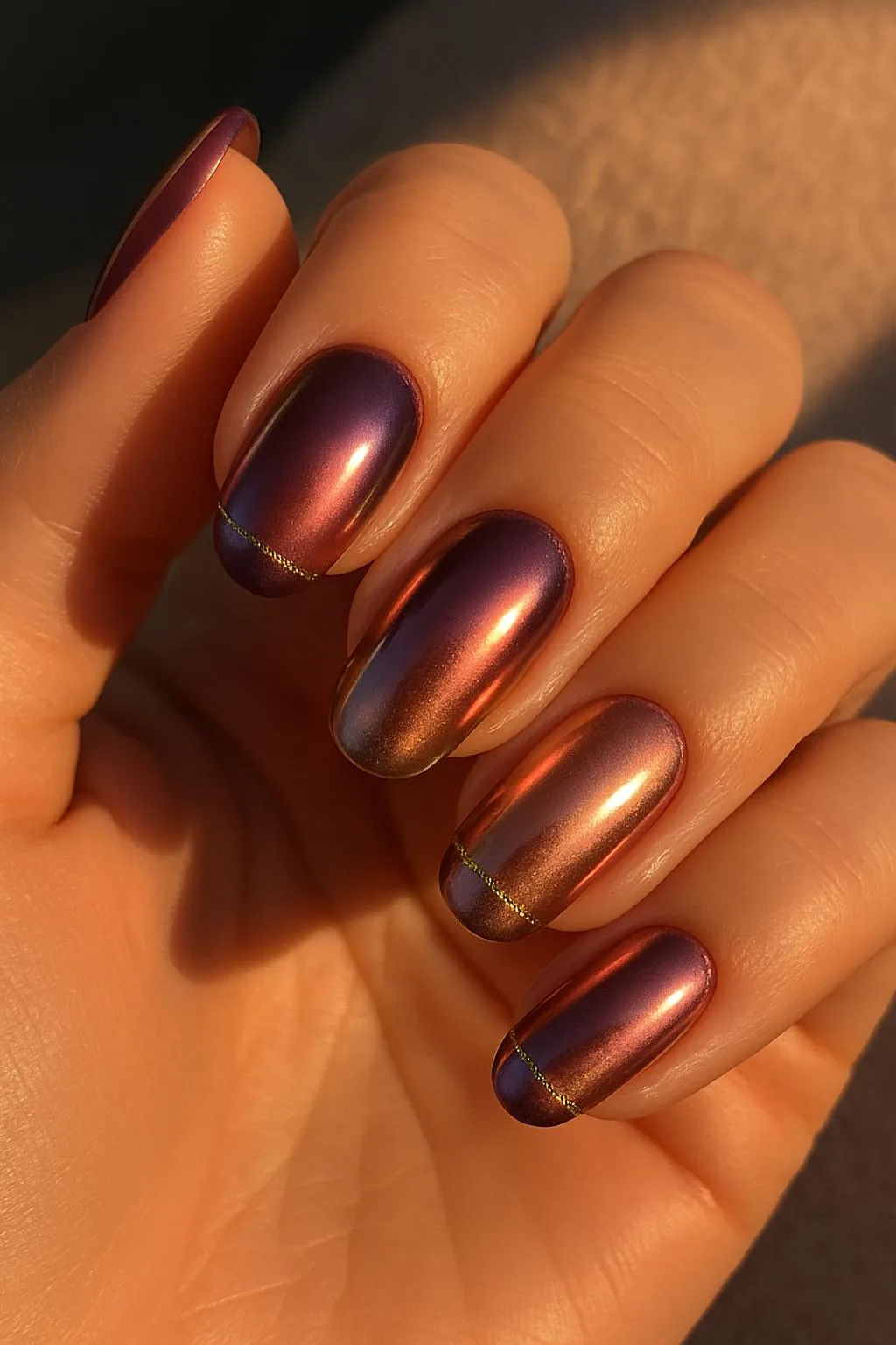 Copper and purple chrome nails with thin gold line detail
