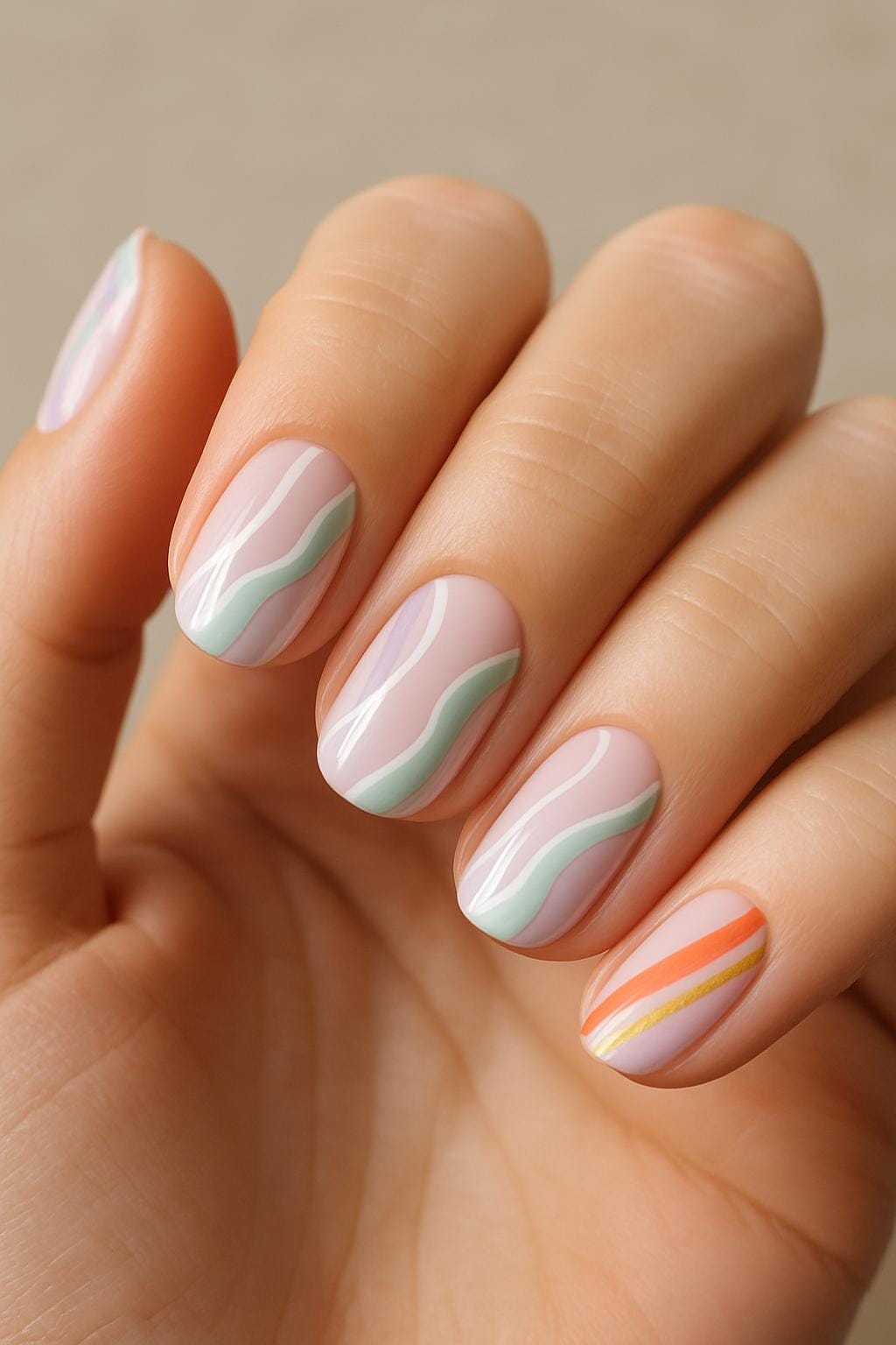 Pastel wavy summer nails with green and orange lines
